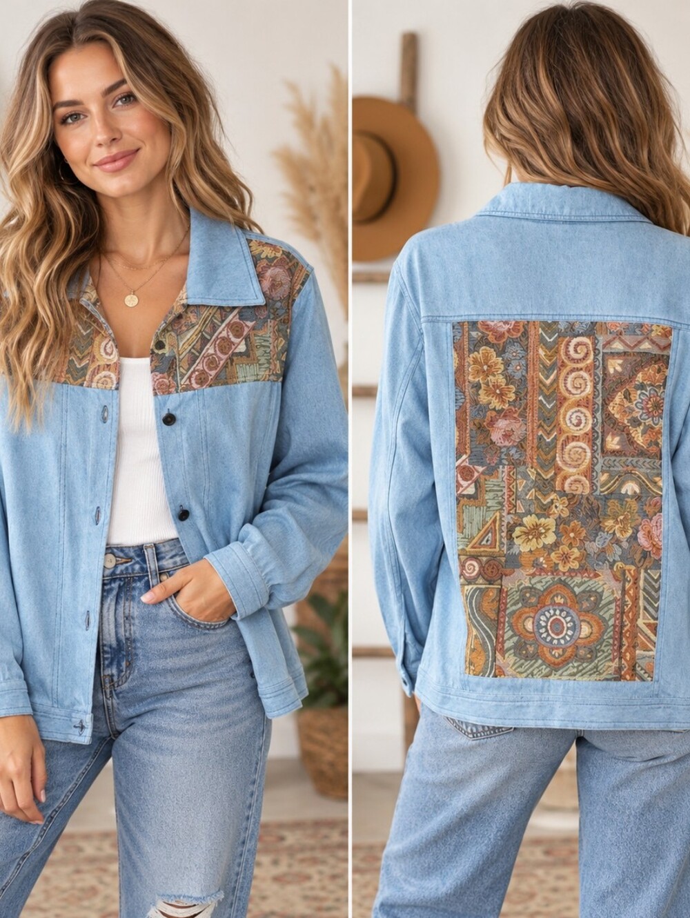 Susan Graver Vintage Style Tapestry Denim Jacket Shacket Light Wash Boho Medium